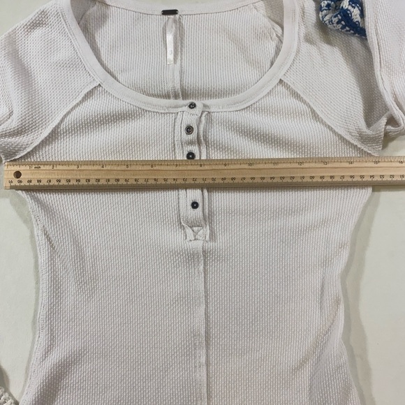 Free People Boho Thermal White Long Sleeve Top with Blue crochet Knit Cuffs - Picture 6 of 9